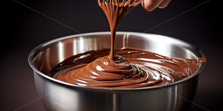 Close up chef hands melted chocolate in a steel mixing bowl using an whisk - Starpik Stock