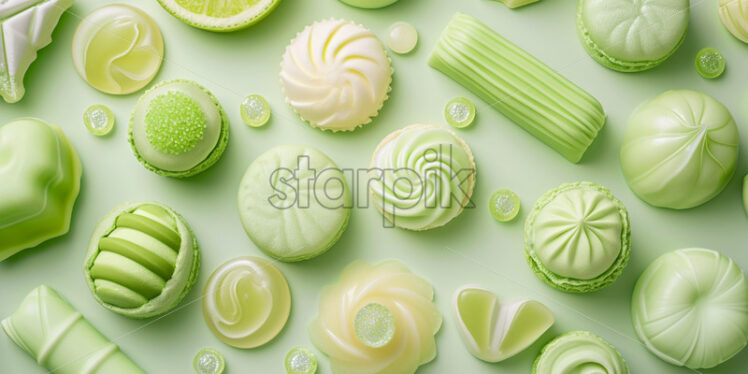 Close-up photo of a variety light green sweets - Starpik Stock