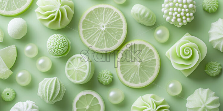 Close-up photo of a variety light green sweets - Starpik Stock