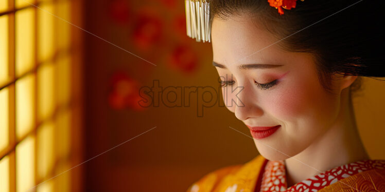 Close-up portrait of a tranquil Geisha  - Starpik Stock