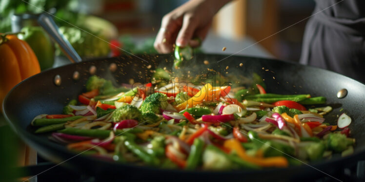 Close up woman hands cooking vegetables in wok pan - Starpik Stock