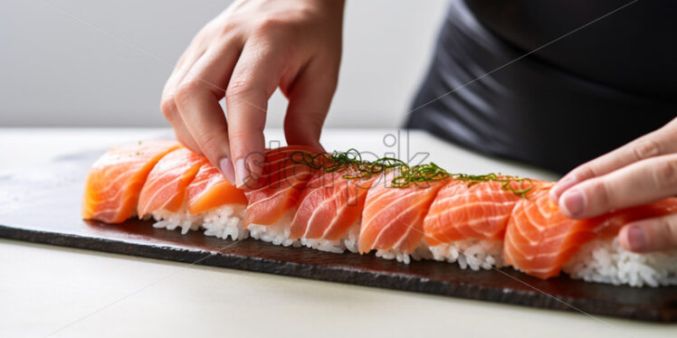 Close up woman hands preparing sushi, on isolated white background - Starpik Stock