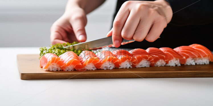 Close up woman hands preparing sushi, on isolated white background - Starpik Stock