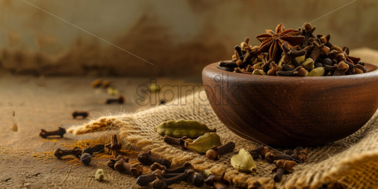 Cloves and cardamom pods arranged in a rustic setting - Starpik Stock