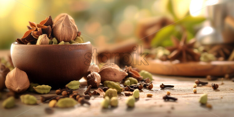 Cloves and cardamom pods arranged in a rustic setting - Starpik Stock