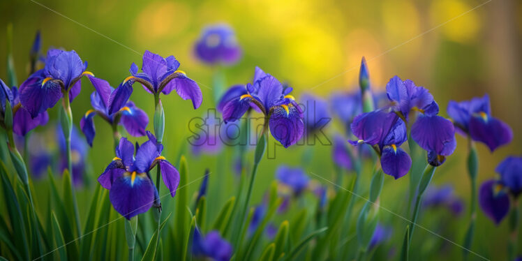 Clusters of vibrant irises standing tall with their sword-shaped leaves - Starpik Stock