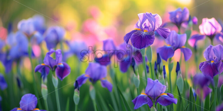 Clusters of vibrant irises standing tall with their sword-shaped leaves - Starpik Stock