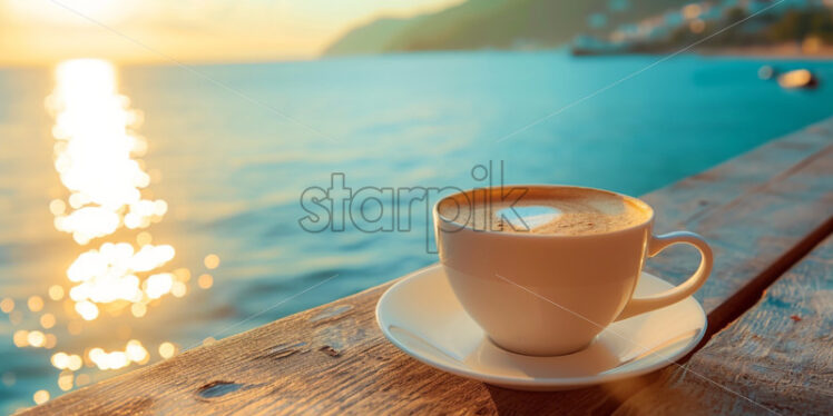 Coffee cup on a sea view background, romantic atmosphere - Starpik Stock