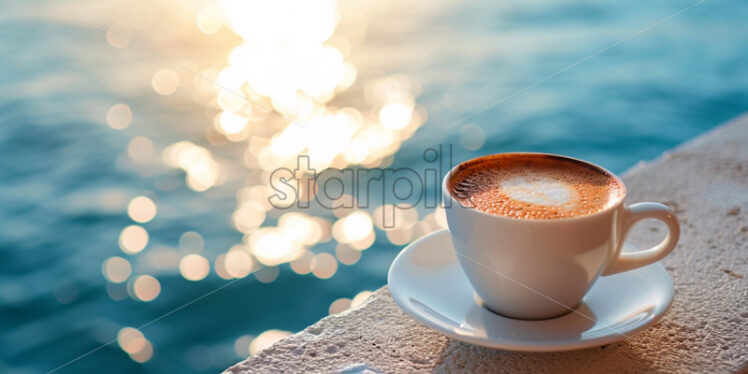 Coffee cup on a sea view background, romantic atmosphere - Starpik Stock