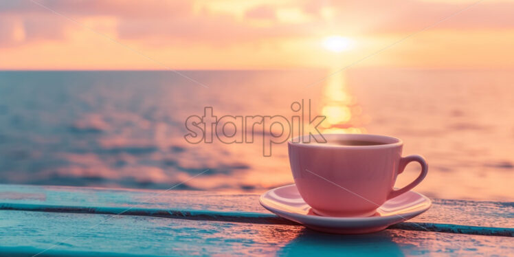 Coffee cup on a sea view background, romantic atmosphere - Starpik Stock