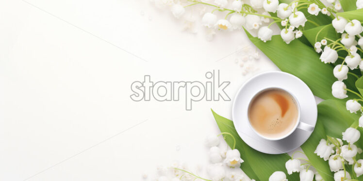 Coffee cup with spring bouquet of flowers lily of the valley - Starpik Stock