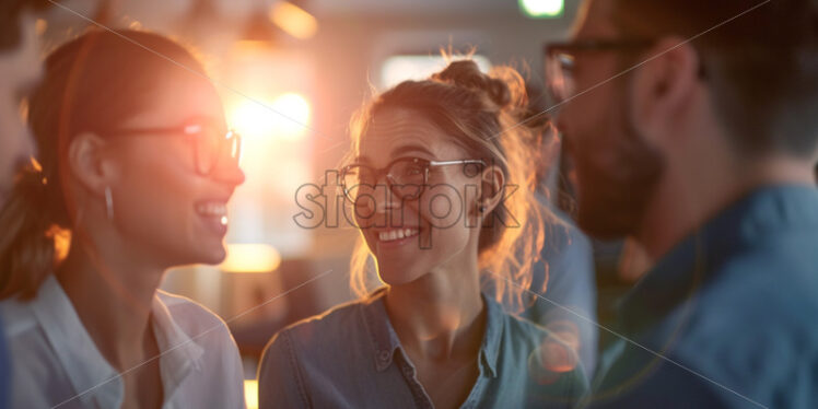 Colleagues in a huddle, discussing a project with enthusiasm - Starpik Stock