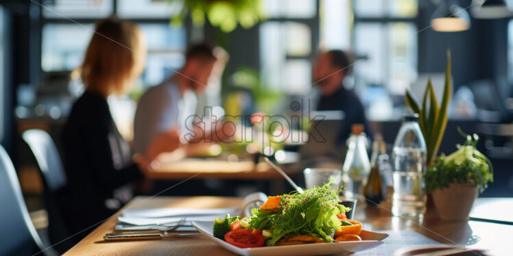 Colleagues sharing a quick lunch at their desks - Starpik Stock