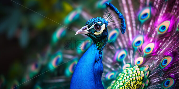 Colorful and regal peacock, displaying its vibrant plumage in a spectacular jungle courtship dance - Starpik Stock