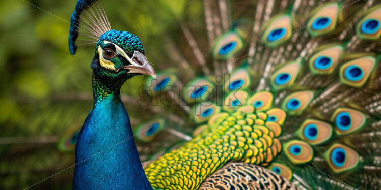 Colorful and regal peacock, displaying its vibrant plumage in a spectacular jungle courtship dance - Starpik Stock