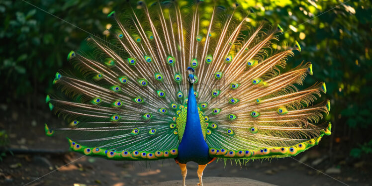 Colorful and regal peacock, displaying its vibrant plumage in a spectacular jungle courtship dance - Starpik Stock