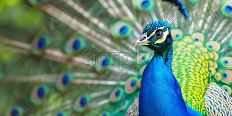 Colorful and regal peacock, displaying its vibrant plumage in a spectacular jungle courtship dance - Starpik Stock