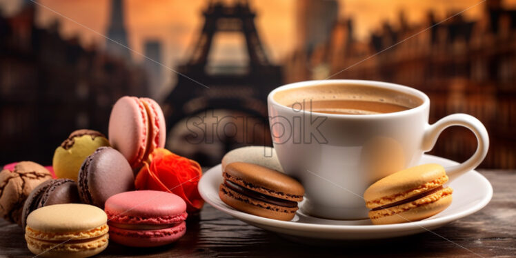 Colorful macarons and coffee cup, on wood table with Eiffel Tower on backgound - Starpik Stock