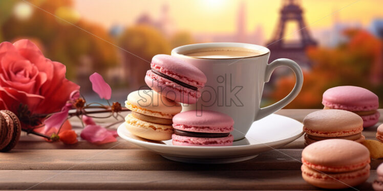 Colorful macarons and coffee cup, on wood table with Eiffel Tower on backgound - Starpik Stock