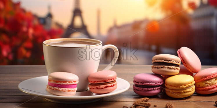 Colorful macarons and coffee cup, on wood table with Eiffel Tower on backgound - Starpik Stock