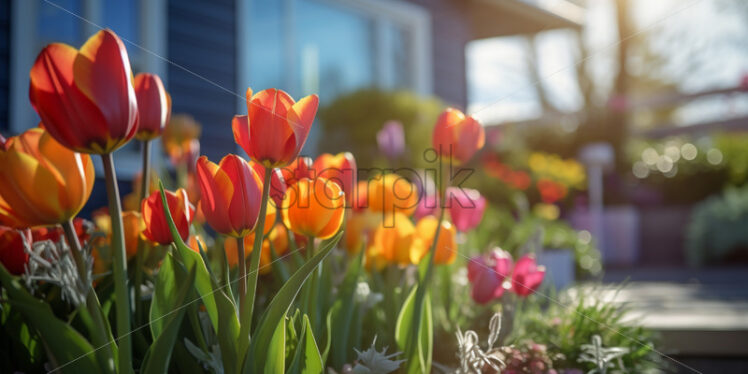 Colorful tulips in front of a modern high-tech house - Starpik Stock