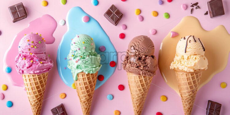 Colourful ice cream cones close up product placement - Starpik Stock