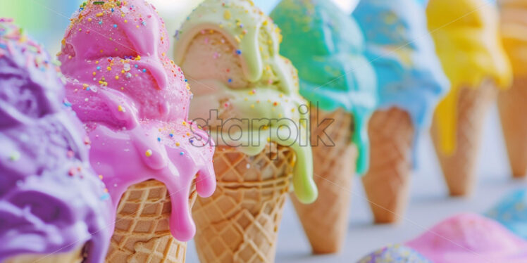 Colourful ice cream cones close up product placement - Starpik Stock