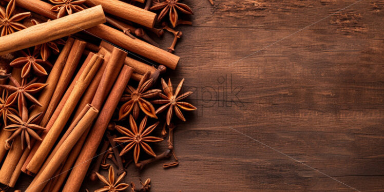  Combination of cinnamon sticks and star anise on wooden surface - Starpik Stock