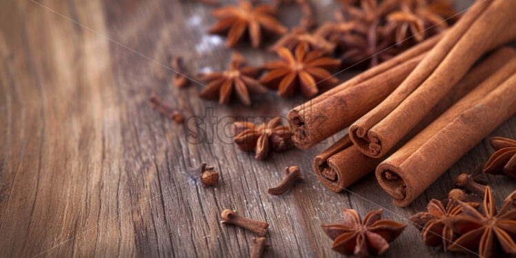  Combination of cinnamon sticks and star anise on wooden surface - Starpik Stock