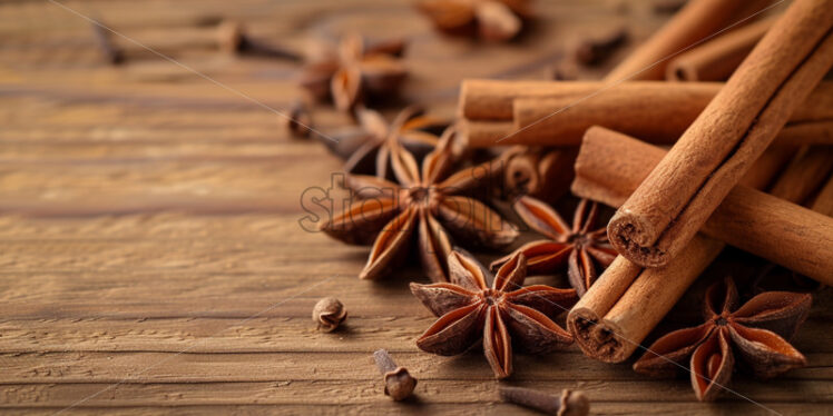  Combination of cinnamon sticks and star anise on wooden surface - Starpik Stock