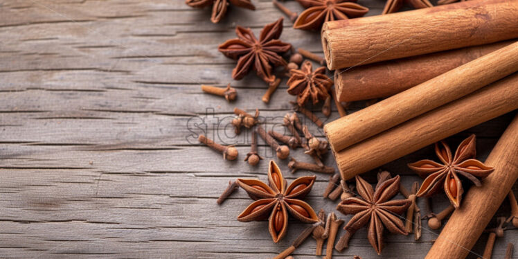  Combination of cinnamon sticks and star anise on wooden surface - Starpik Stock