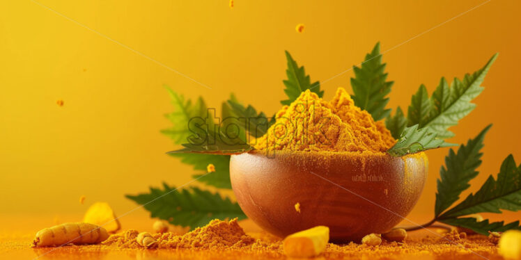 Combination of neem leaves and turmeric on yellow isolate background - Starpik Stock