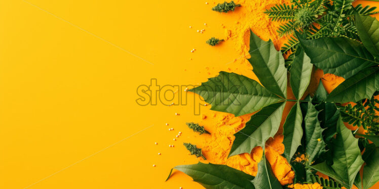 Combination of neem leaves and turmeric on yellow isolate background - Starpik Stock