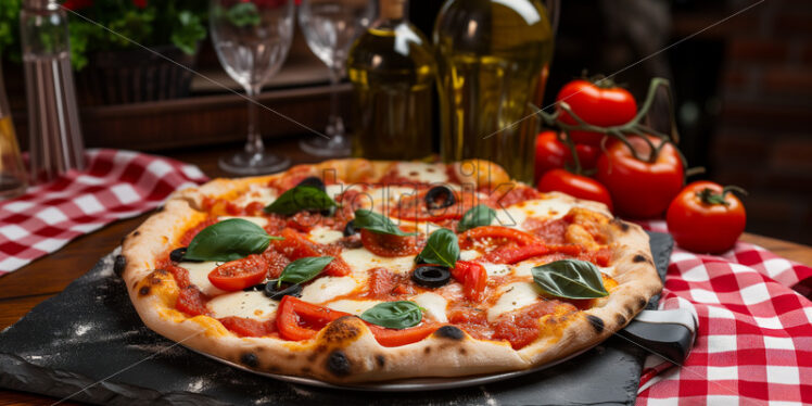  Communal dining in a cozy trattoria with Italian pizza - Starpik Stock