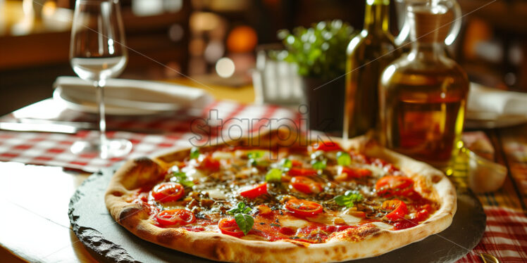 Communal dining in a cozy trattoria with Italian pizza - Starpik Stock