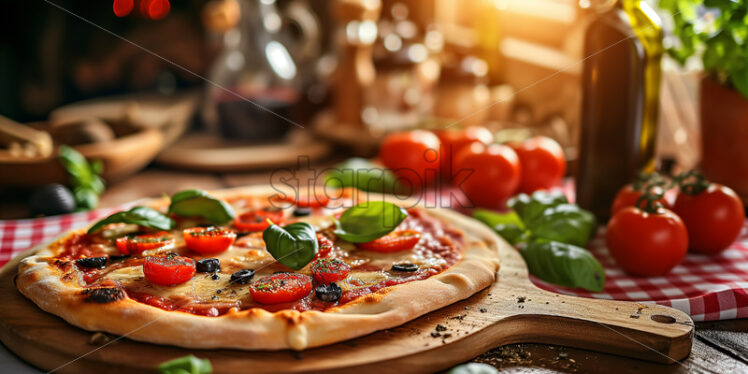 Communal dining with rustic Italian pizza - Starpik Stock