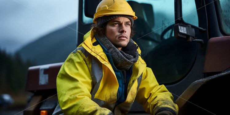 Construction worker at the side of excavator - Starpik Stock