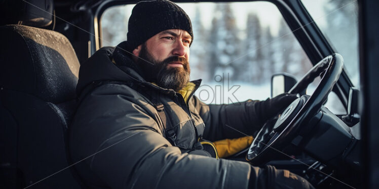 Construction worker driving heavy equipment on winter season - Starpik Stock