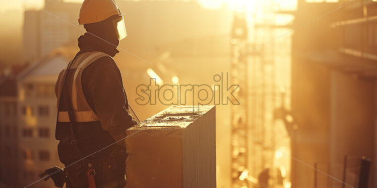 Construction worker in PPE atop building, city view - Starpik Stock