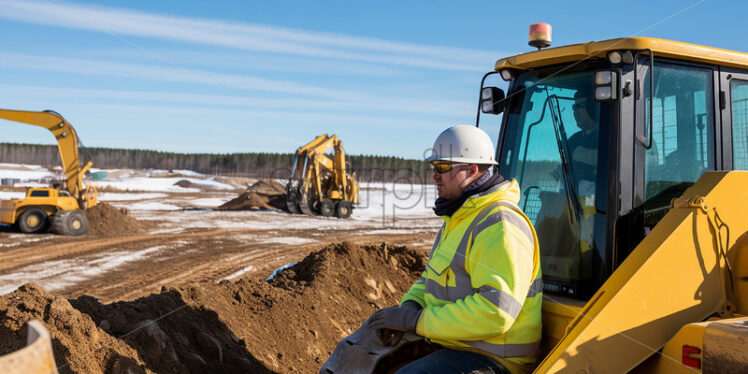 Construction worker resting in front of excavator - Starpik Stock