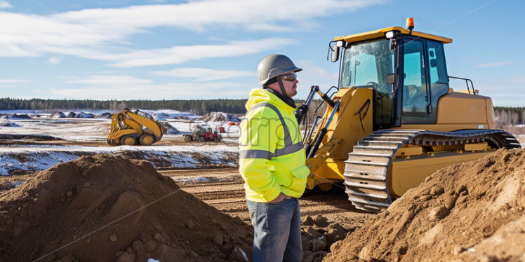 Construction worker standing in front of the excavator - Starpik Stock