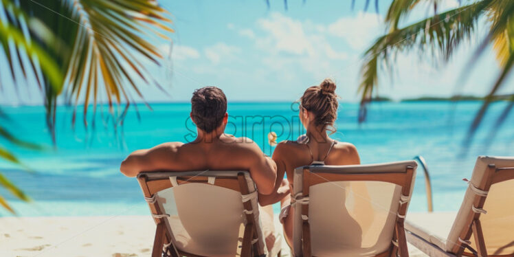 Couple enjoying vacation together at the island with sea views, travel destinations banner - Starpik Stock