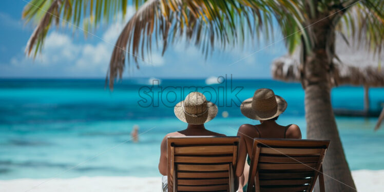 Couple enjoying vacation together at the island with sea views, travel destinations banner - Starpik Stock