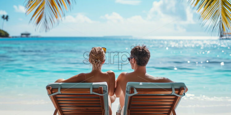 Couple enjoying vacation together at the island with sea views, travel destinations banner - Starpik Stock