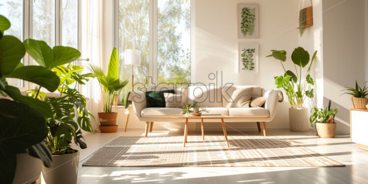 Cozy modern apartment with wide windows neutral colours - Starpik Stock