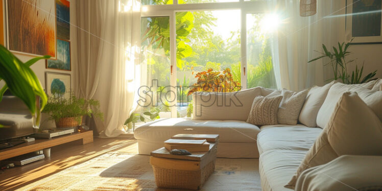 Cozy modern apartment with wide windows neutral colours - Starpik Stock