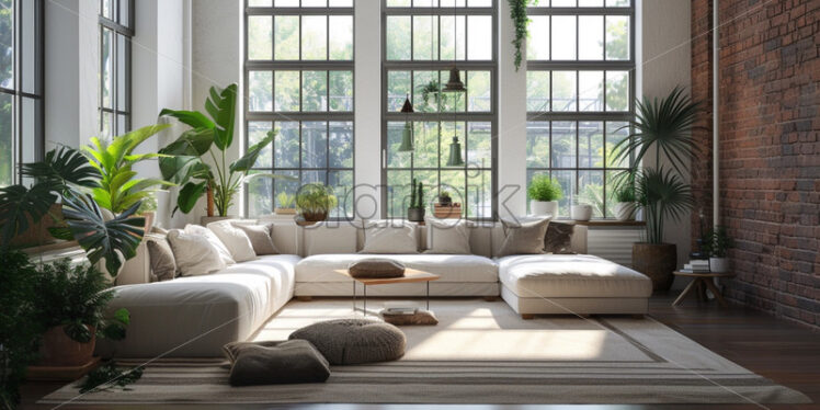 Cozy modern apartment with wide windows neutral colours - Starpik Stock