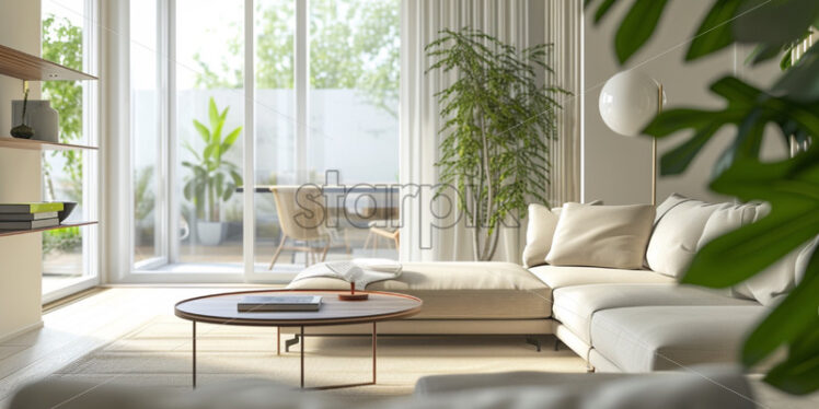 Cozy modern apartment with wide windows neutral colours - Starpik Stock