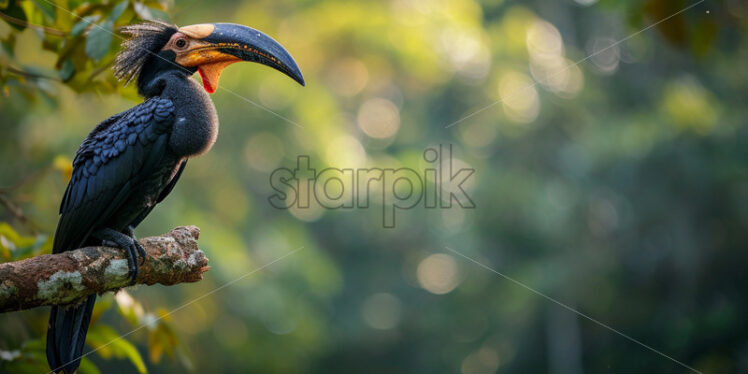 Crowned hornbill perched on a sturdy branch, surveying its lush kingdom below - Starpik Stock