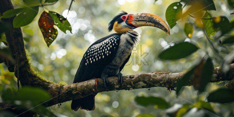 Crowned hornbill perched on a sturdy branch, surveying its lush kingdom below - Starpik Stock